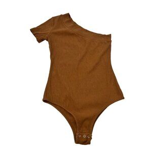 Reoria Women’s One Shoulder Ribbed Bodysuit Short Sleeve Brown Size Small
